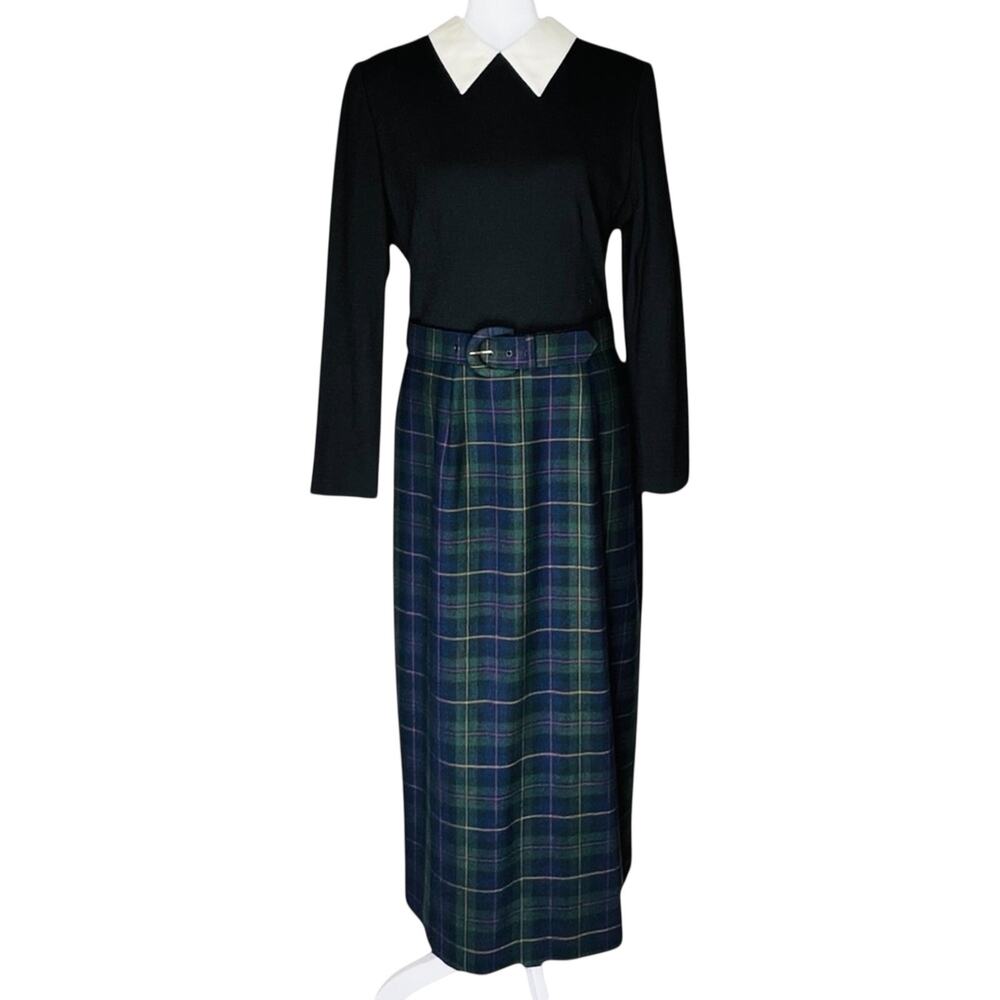 Vintage Talbots Tartan Plaid Wool Dress 12P Peter Pan Collar Belted Academia